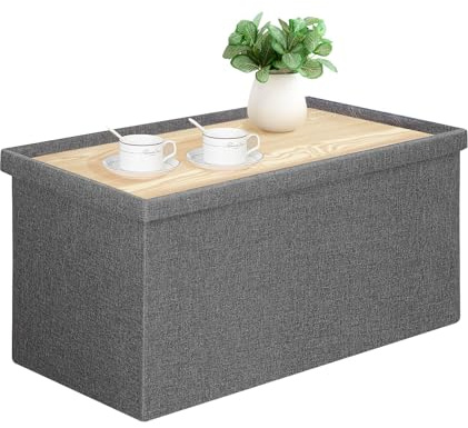 PINPLUS Banco otomano plegable de almacenamiento con bandeja de tapa, mesa de café otomana de 30 pulgadas, silla de cubo gris, reposapiés, baúl de juguetes para sala de estar, dormitorio, soporta