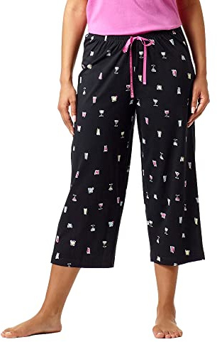 HUE Printed Knitted Capri Pyjama Pyjamas Pantaloni Pigiama, Nero-Berretto da Notte, 1X Donna