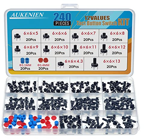 AUKENIEN 12 Werte 240 Stück Micro Taster Sortiment Kit Taktiler Druckschalter Mikroschalter Taktilen Drucktastenschalter 6MM x 6MM Mikrotaster 4 poliger Tactile Push Switch Button mit Taster Deckel