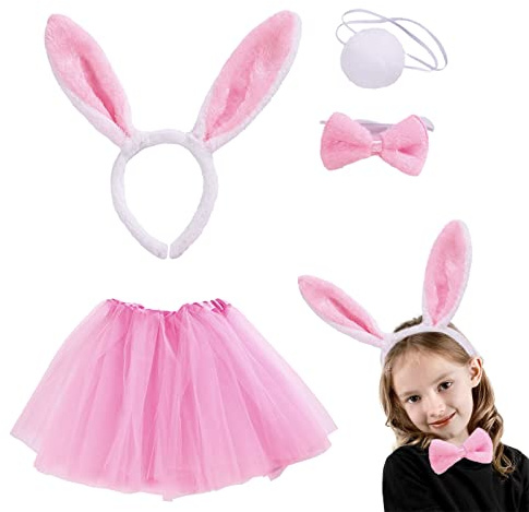 VIKSAUN 4 Piezas Disfraz de Conejo de Pascua para niña Vestido Tutú Rosa con Orejas de Conejo y Cuello de Lazo Accesorios Cosplay de Fiesta de Pascua para Niños Cosplay Traje de Conejo Accesorio