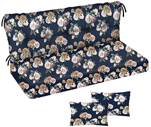 Auflage für Hollywoodschaukel 120x50x50 Gartenbankauflage und 2 Kissen Palettenauflage Bankauflage Sitzkissen und Rückenkissen Polsterauflage Matratze Gartenpolster Glatt-Pik Dunelblau Rosen [133]