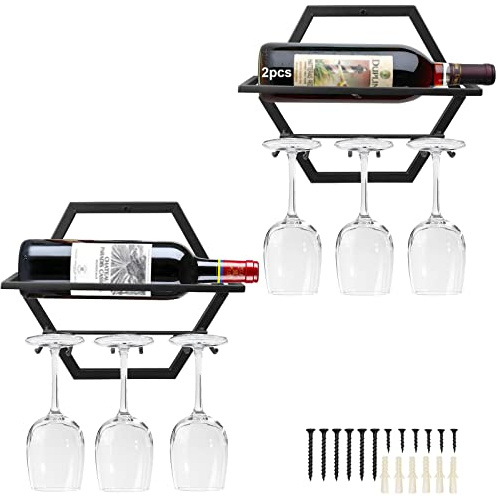 Giyiprpi Metall Wandmontierter Weinhalter Stemware Glass Rack, 2Pcs Hängendes Glas Weinregal Wandbehang Rotweinregal Organizer mit 3 Stielglashaltern für Home Kitchen Bar Displaydekor (AA)
