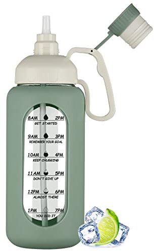 MUKOKO Bottiglie d'acqua in vetro da 1,8 litri con cannuccia, brocca d'acqua da 1,8 litri con indicatore del tempo, bottiglia motivazionale sportiva grande con custodia in silicone, verde oliva