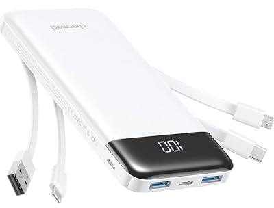 Charmast Power Bank with Built in Cables X 4, 10000mAh Portable Charger 6 Outputs 3 Inputs Travel Essentials, LED Display Type C Powerbank, Slim USB C Battery Pack Compatible with iPhone17/Samsung etc