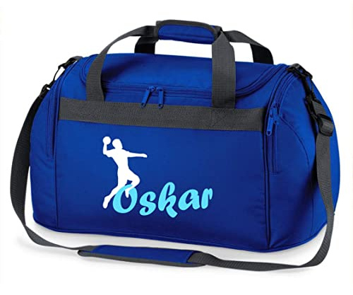 Sac de sport personnalisé avec nom imprimé pour enfants | Personnalisable avec motif de handball | Sac de voyage Duffle pour filles et garçons | Joueur de handball sportif, bleu roi