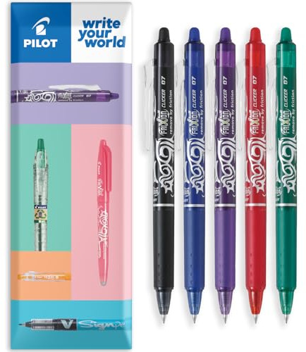 Pilot FriXion Clicker, feiner, radierbarer Reibungs-Tintenroller, einziehbare Spitze, 0,7 mm Spitze, 0,35 mm Strichbreite, 5 Stück, Schwarz, Blau, Violett, Rot und Grün