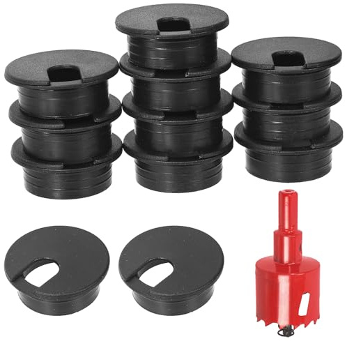 Swpeet 11 pezzi Passacavi da scrivania nero con sega a forare, organizzatori ordinati per fori dei cavi, passacavi da scrivania con foro per cavi, 1 pezzo Sega a forare da 35 mm con mandrino per