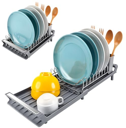 Litimkat Escurridor de Platos, Escurreplatos Compacto Extensible con Escurridor de Cubiertos de Acero Inoxidable, Bandeja de Goteo / 28-47 cm (Gris)