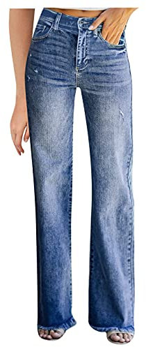 Generisch Damen Jeans Stretch-Denim lässige Taschen Gerade Lange Einfarbige Hose Sommer Weiblich Weite Beine Lockere Jeanshose Übergröße (Blue, L)