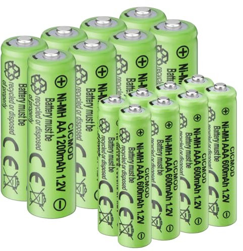 CICMOD Piles Rechargeables Ni-MH, Lot de 16 Batterie Rechargeable AA et AAA, 8Pcs AA 1200mAh et 8Pcs AAA 600mAh 1.2V pour Produits Solaires, électroniques Quotidiens