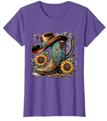 Western Cowboy Boot Horseshoe Sunflower Rope Cowgirl Boot T-Shirt