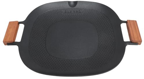 Sartén Antiadherente de Aluminio para Barbacoa, Placa de Calentamiento Rápido con Asas de Madera para Interior y Exterior, Camping, Teppanyaki, Fuego Abierto, Placa de Inducción