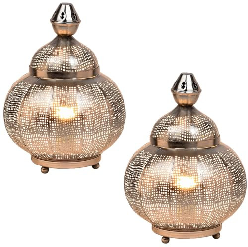 Marrakesch 2er Set Orientalische Deko Tischlampe Nachttischlampe 32cm groß | Boho Tischleuchte Lampe im Wohnzimmer Schlafzimmer & Kinderzimmer | Tischleuchte Jamala silber aus Metall E27 Lampenfassung