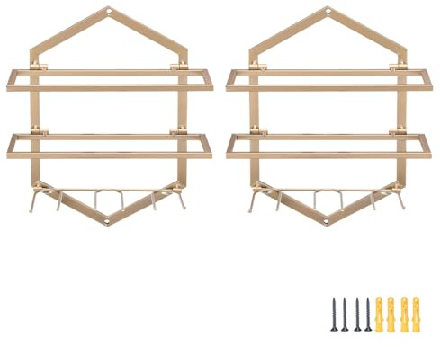 sourcing map 2 Set Wall Mounted Wine Rack, Metal Hanging Wine Bottle Holder Holds 2 Bottles, Wine Bottles Display Wall Storage Shelf - for Home Kitchen Living Room Gold
