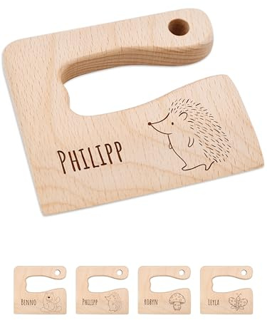 Bärenfreunde® - Personalisiertes Montessori Kinder Messer mit Gravur - Sicheres Holz Baby Besteck mit abgerundeten Kanten - Geburtstag Baby Geschenk (Igel)