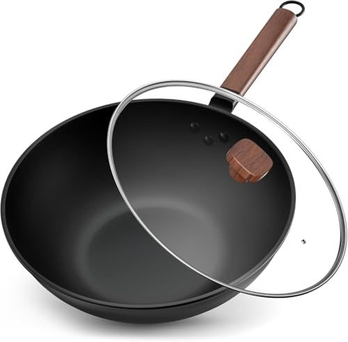 BRAVECOW Sartén wok de 32 cm, para 4-6 personas, mango de madera, revestimiento antiadherente, sartén wok de acero al carbono con tapa para inducción, gas, eléctrica