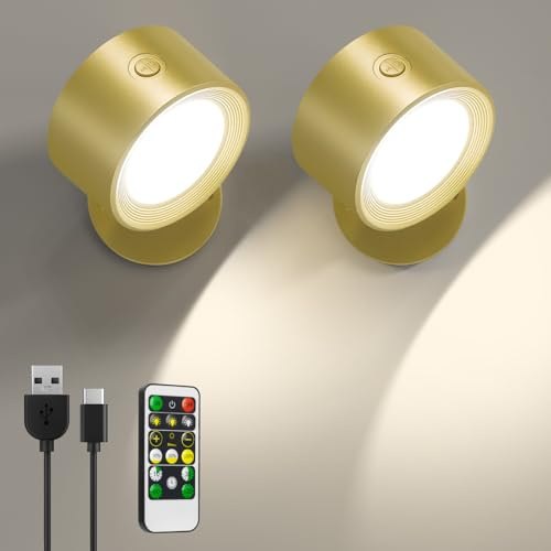 LED Wandleuchte Innen, 2 Stück Wandlampe Akku mit Fernbedienung, 3 Farbmodi Kabellos Wandlichter Lampen ohne Strom, 360° Drehbare Nachttischlampe Strahler für Kinderzimmer Schlafzimmer Wohnzimmer