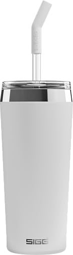 Sigg - Isolierbecher - Travel Mug Helia Peaceful White - Mit wiederverwendbarem Glastrinkhalm & Reinigungsbürste - Auslaufsicher - BPA-frei - 18/8-Edelstahl - White - 0,6L
