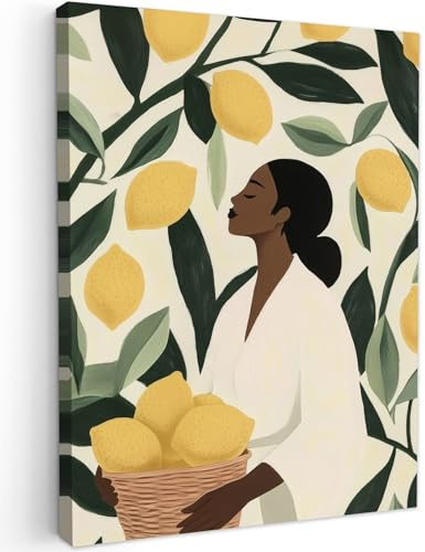 MuchoWow© Leinwandbilder Wall Art Decoration Bilder für die Wand | 30x40 cm - Schlafzimmer Deko Canvas Painting Wanddekoration Wohnzimmer Frau - Korb - Zitronen - Blätter