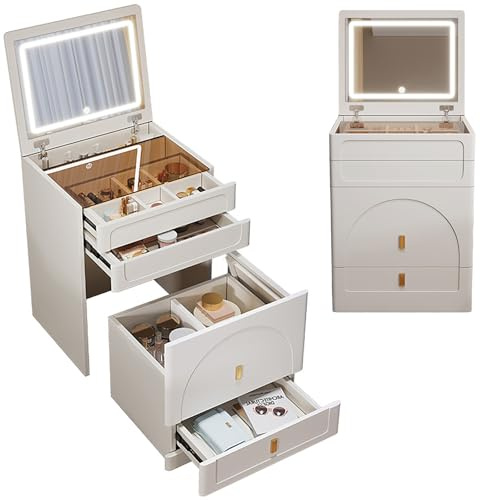 YFSMBD Tavolo da Trucco con Luci, Toletta con 3 Cassetti Per Camera Da Letto, Toletta Armadio 3 in 1 Design, Toletta Bianco con Sgabello e Specchio Pieghevole, Scrivania da Trucco, 60cm