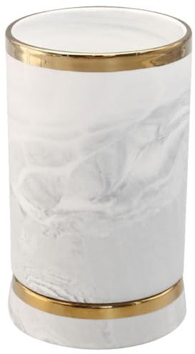 BAZEITFLOW Ceramic Utensil Holder with Marble Pattern and Gold Trim Large Capacity Kitchen Cutlery Organizer Countertop Multi Functional Tableware Storage Bucket for Spoons Chopsticks