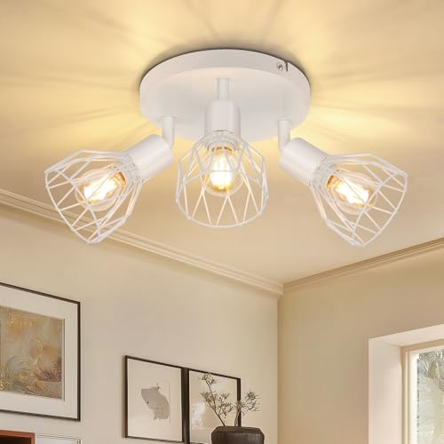 Dehobo Deckenstrahler 3 Flammig E14 Deckenlampe Weiß Schlafzimmerlampe | Deckenleuchte Rund 350° Horizontal 90° Vertikal Drehbar, Max 50 W für Küchenlampe Flurlampe Decke Ohne Leuchtmittel