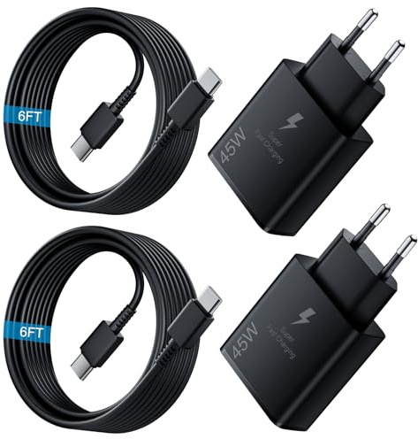 45W Chargeur USB C Rapide 2Pack avec Type C Câbles de 1.8M pour Samsung Galaxy S25,S24+,S24 Ultra,S23 + Ultra, Note20,A54,A53,Z Fold5,Fold4,Switch,Tab,USB C Prise Adaptateur Secteur