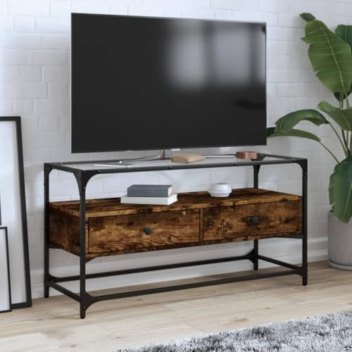 Homvdxl TV Schrank Ständer mit Glastischplatte, Kleine Medienkonsole mit 2 Schubladen & offenem Regal, Metallrahmen, für Wohnzimmer, Schlafzimmer (Eiche+Rustikal, 98 x 35 x 51 cm)