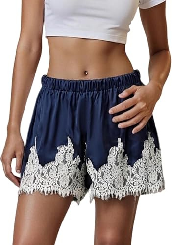 Women Satin Silk Lace Shorts Low Rise Micro Mini Shorts Coquette Lounge Half Slip Pj Bottoms French Knickers Navy Blue M