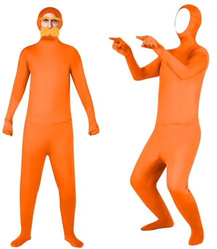 BSBUY Adults Stealth Suit Invisibility Cloak Costume Orange Disappearing Yellow Mustache and Eyebrows Jumpsuit Open Face Body Suits Halloween Stealth Outfit for Fancy Dress Party Backdrop Stage(190)
