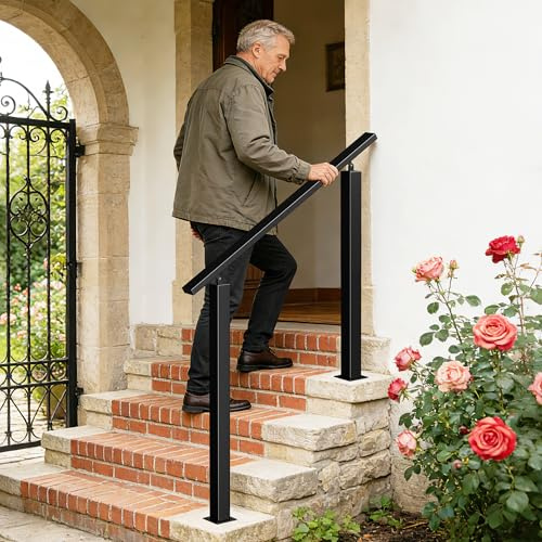T-ZBDZ Treppengeländer 100CM Handlauf Geländer Außen und Innen mit 2 Pfosten, Winkelverstellbar, Eingangsgeländer, Metall Geländer für Treppen Brüstung Balkon Terrasse Veranda, Schwarz (Bodenmontage)