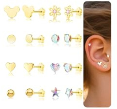 8 Paar Titan Ohrringe Kinder Mädchen, Süße Medizinische Ohrstecker Hypoallergene Gold Silber Flatback Ohrstecker für Babys Damen Herz Blume Schraubverschluss Ohrringe