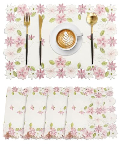 Komforbaa 4er Set Platzsets Rechteckig 43x28cm Polyester Weiß Rosa Blumen, Tischsets Bestickt Waschbar Robust, Platzdeckchen Durchbrochen Landhausstil Esstisch Deko