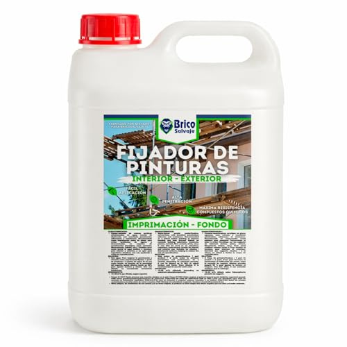 BRICOSALVAJE Fijador de Pintura, Imprimación Interior/Exterior, Acrílico al Agua, Transparente Brillante, 1L/5L/25L, para Yeso, Cemento, Hormigón (5 Litros)