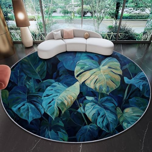 Tappeto Morbido Rotondo 90 cm, Lavabile Antiscivolo Tappeto Soggiorno Rotondo Soffice Scuro Pianta Monstera Deliziosa Foglie Stampato per Camera da Letto Sala da Pranzo Cucine, Blu