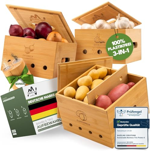 Bazeline Creations® Set med 3 hållbara förvaringslådor i bambu för potatis med lock, lök och vitlök, miljövänligt kök med ventilationshål (brun)
