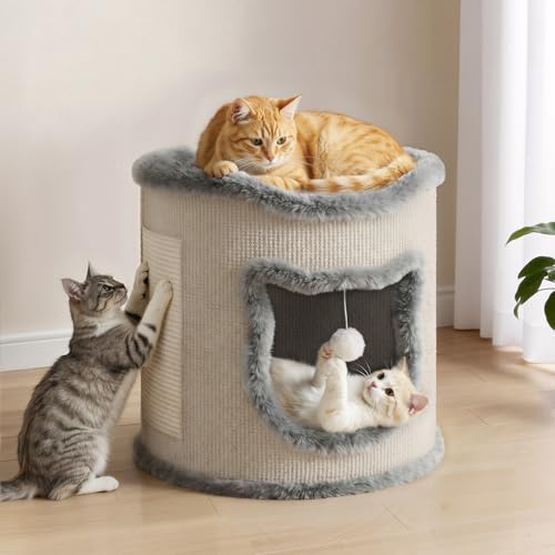 Klyvvo Casa para Gatos Grande, Capacidad de Peso de 30 kg, cómoda Cama para Gatos con Poste rascador y Pelota de Juego, Adecuada para Gatos medianos a Grandes, Blanco, 1 Pisos