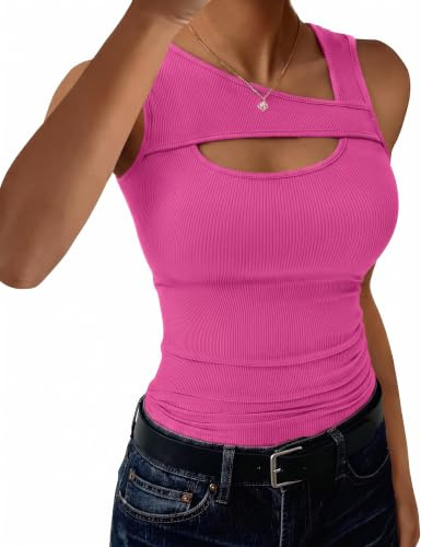 Aottori Canotta Donna Scollo Asimmetrico a Spalla Larga Slim Fit | Estiva, Basic Top, Senza Maniche, Elasticizzato, Canottiera, Costine, Tinta Unita, Sexy