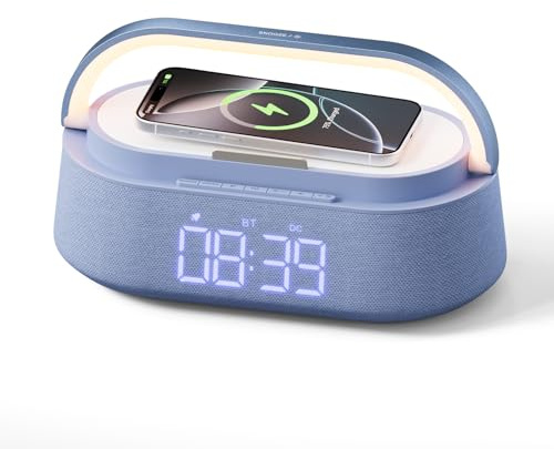 FREEFISH Bluetooth Speaker with Wireless Charger, FM Radio, Adjustable LED Night Light, 15W Wireless Charging for iPhone, 10W Dual Speakers, 2500 mAh Battery, Bluetooth 5.0