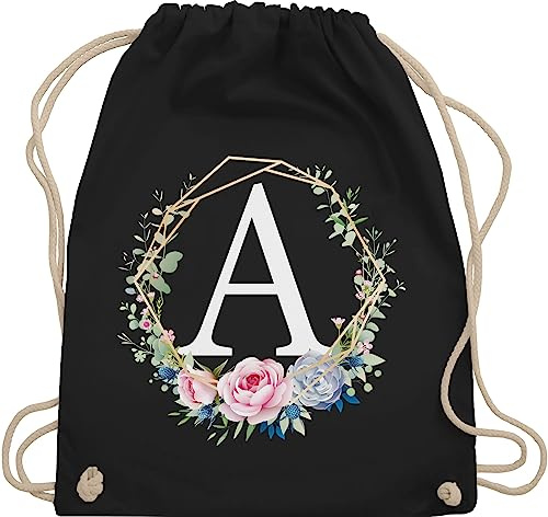 Turnbeutel Rucksack - Geschenk Initialen - Tasche - Blumenkranz Mit Buchstabe A - Unisize - Schwarz - turnsackerl kindergarten buchstaben initial beutel kita anfangsbuchstabe anfangsbuchstaben
