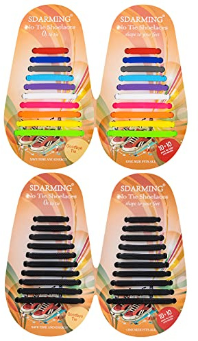 SDARMING No Tie Lacets de Chaussure pour Enfants et Adultes, Lacets Élastiques Sans Nœud en Silicone pour Chaussures de Sport, Lacets Sans Laçage Élastique Impérmeable, Noir et Multicolore