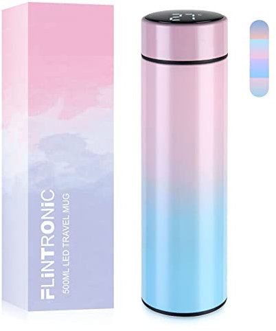 Flintronic Thermosflasche, 500ml Vakuum Isolierbecher Trinkflasche aus 304 Edelstahl, Wasserflasche mit LED-Touchscreen Temperaturanzeige, Edelstahl Trinkflasche Auslaufsicher, BPA-Frei