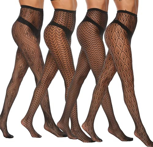 MANZI 4 Pairs Black Patterned Tights Goth Fishnet Tights Mesh Stockings Cross Pantyhose for Women -6608