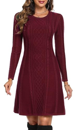 Aottori Women Jumper Dresses Winter Long Sleeve Knitted Sweater Dress UK Ladies Round Neck Bodycon Dress Casual Tunic Dress Wine Red L