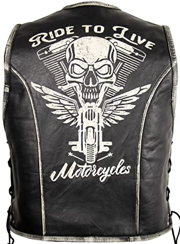 Biker läderväst för män med prägling av dödskalle, Vintage svart, XL