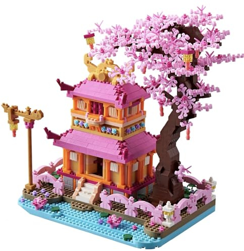 LUKHANG Cherry Blossom Tree House Micro Building Blocks Set Enjoy Flower Pavilion 1810pcs Exquisite Architecture Model Kit for Women (Adults Age of 14+)