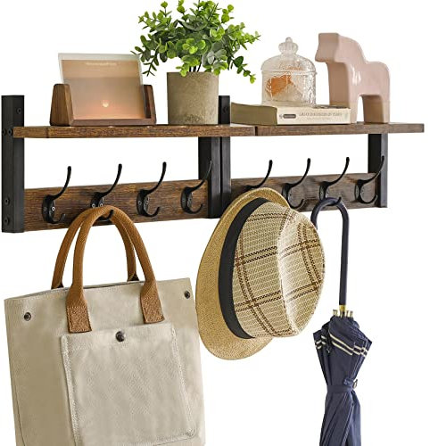 YMYNY Coat Rack Shelf Wall Mounted, Coat Hooks Set of 2, Entryway Coat Hanger with 4 Double Hooks, 80CM Wall Floating Shelf with Hat Rack, for Kitchen, Bedroom, Bathroom, Rustic Brown HWS001H-2