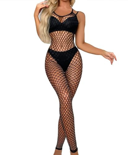 XIUSEMY Bodystocking Donna Sexy Body in Mesh Fishnet con Calze Lingerie Notturna a Collo V(Nero)