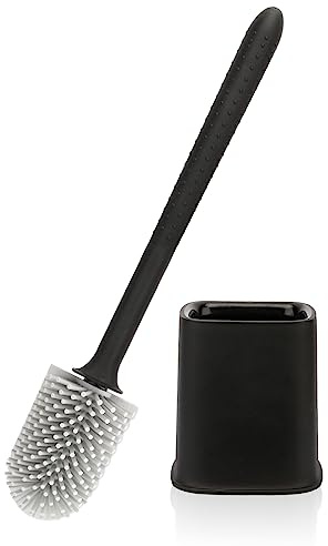 Canvint Silicone Toilet Brush and Holder Set With Quick-Drying Design for Dead Corner Deep Cleaning, Flexible No-Slip Long Plastic Handle for Bathroom (Black)