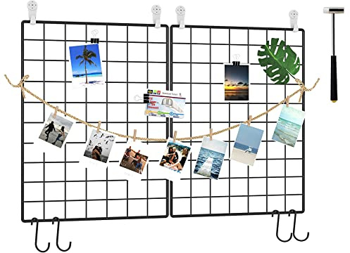 C&AHOME Photo Wall Grid Panel Set of 2, Decor Grid Panel, Photo Display Shelves, Hooks, Clips, Hemp Cord, Hammer, 15.7 11.8, Black UWWGM3402B